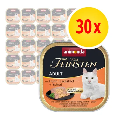 30 x Animonda Vom Feinsten Adult z kurczakiem, filetem z łososia i szpinakiem. Opakowanie pokazuje białego kota oraz widoczne składniki produktu. 30 x Animonda Vom Feinsten Adult z kurczakiem, filetem z łososia i szpinakiem. Opakowanie pokazuje białego kota oraz widoczne składniki produktu.