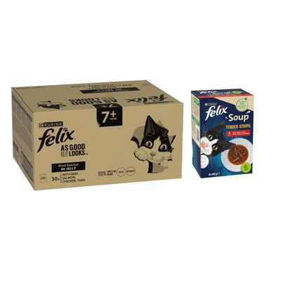 Box showing Felix As Good As It Looks Ocean Feasts Selection in Jelly, 30 packs with plaice, salmon, tuna, cod. 100% complete and balanced, contains vitamins A, D, E.