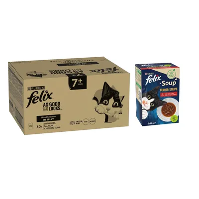 Felix As Good As It Looks Wet Cat Food + 48x85g Felix Wet Cat Food Free! * - Senior Mixed Selection in Jelly (Beef, Chicken, Salmon, Tuna) (120 x 85g) + Soup Time Tender Strips Farm Selection (48 x 48g) Felix As Good As It Looks Wet Cat Food + 48x85g Felix Wet Cat Food Free! * - Senior Mixed Selection in Jelly (Beef, Chicken, Salmon, Tuna) (120 x 85g) + Soup Time Tender Strips Farm Selection (48 x 48g)