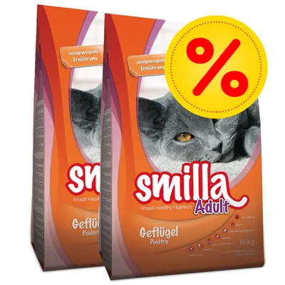 To poser Smilla Adult Geflügel Poultry kattefoder, 10 kg, med billede af grå kat og stor gul procent-tegn for tilbud. Tekst: ausgewogene Ernährung. To poser Smilla Adult Geflügel Poultry kattefoder, 10 kg, med billede af grå kat og stor gul procent-tegn for tilbud. Tekst: ausgewogene Ernährung.