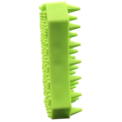Brosse rectangulaire verte en plastique avec picots souples sur les deux faces, sans marque visible.
