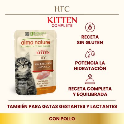 almo nature HFC Kitten Complete con pollo. Receta sin gluten, potencia la hidratación, receta completa y equilibrada. También para gatas gestantes y lactantes. Para gatitos 2–12 meses.