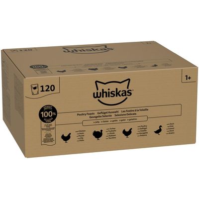 Whiskas perutninska izbira, 120 vrečkic, od 1. leta dalje. Okusi: piščanec, puran, perutnina, raca. 100 % kakovostne sestavine, v želeju.