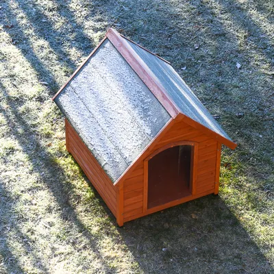 Cuccia per cani in legno con tetto inclinato, leggermente coperta di neve, su un prato.