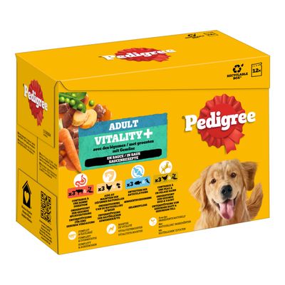 Pedigree Adult Vitality+ kastikkeessa -tuorepussit 12 x 85 g (4 makua)