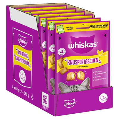 Whiskas Knuspertaschen mit Huhn & Käse, <2 kcal pro Stück, Vitamine & Mineralstoffe, Protein, 100% köstlich. Neue Verpackung: 60% weniger Plastik, gleicher Geschmack. Packung: 6x60g.