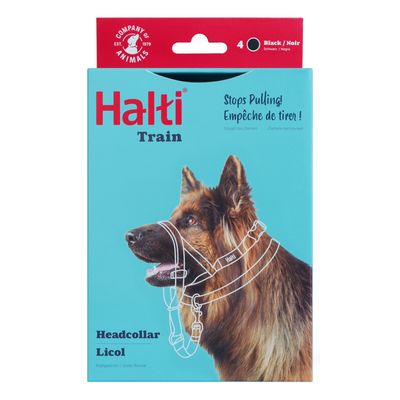 Halti schwarzes Hundegeschirr mit verstellbaren Gurten und Metallclip, geeignet für Kontrolle beim Spaziergang.