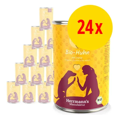 Lot de 24 boîtes Herrmann's Manufaktur Bio-Huhn mit Hirse, texte visible : Organic chicken with millet, illustration chien et personne, label Bio.