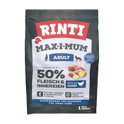 Rinti Maxi-Mum Adult, zubereitet mit 50% Fleisch & Innereien, reich an frischem Huhn, mit 50% Gemüse & wertvollen Zutaten, getreidefreie Rezeptur, ausgewogene Vollnahrung für Hunde, 1kg.