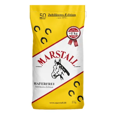 Sac Marstall Haferfrei Jubiläums-Edition, 21 kg, texte visible : '+1 kg gratis', www.marstall.de, illustration de tête de cheval, édition anniversaire depuis 1974.