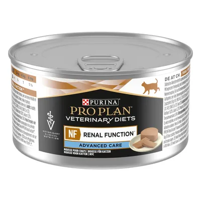 Purina Pro Plan Veterinary Diets NF Renal Function Advanced Care, mousse for cats, can with feeding recommendation for cat weight from 2kg to 6kg. Purina Pro Plan Veterinary Diets NF Renal Function Advanced Care, mousse for cats, can with feeding recommendation for cat weight from 2kg to 6kg.