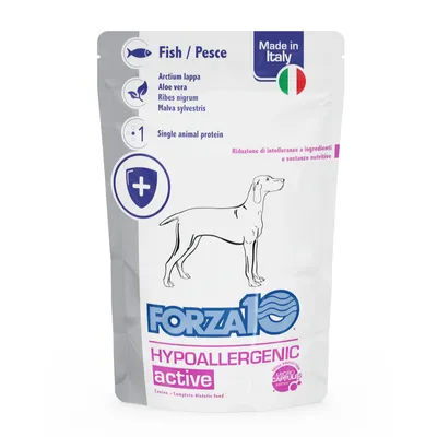 Forza10 Hypoallergenic active, poisson, Arctium lappa, aloe vera, ribes nigrum, malva sylvestris, single animal protein, Made in Italy. Réduction d’intolérances à ingrédients.