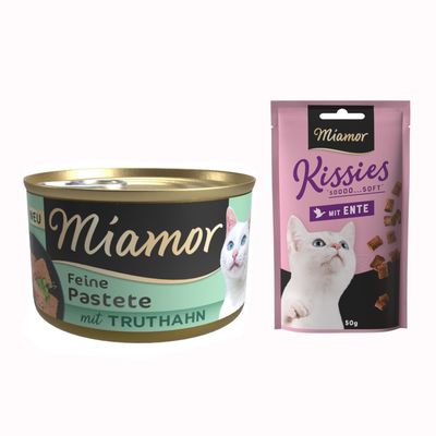 Miamor Feine Pastete mit Huhn, boîte de pâtée pour chat avec image d’un chat blanc et texte en allemand sur l’étiquette.