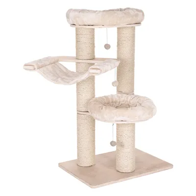 Vaalea raapimispuu, jossa kolme sisal-narulla päällystettyä tolppaa, kaksi pehmeää petipaikkaa, riippuva lelu ja kangashammokki. Puinen pohjalevy. Vaalea raapimispuu, jossa kolme sisal-narulla päällystettyä tolppaa, kaksi pehmeää petipaikkaa, riippuva lelu ja kangashammokki. Puinen pohjalevy.