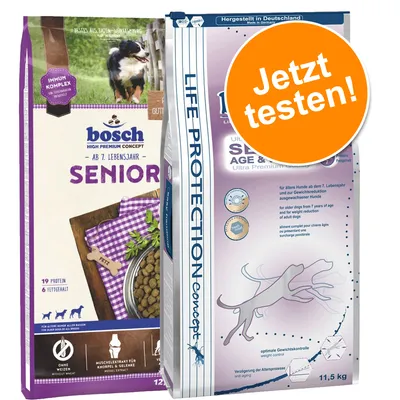 Deux sacs de croquettes pour chien senior : Bosch High Premium Concept Senior, 19 % protéines, 6 % matières grasses, et un sac avec texte allemand « Jetzt testen! » sur pastille orange.