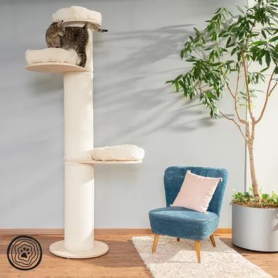 Cat tree with three padded resting areas, beige fabric cover. Cat on top platform. Modern living room with blue armchair and plant in the background.