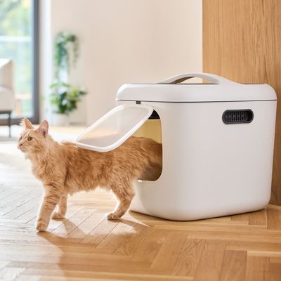 Macskaalomdoboz oldalsó bejárattal, fehér, macska elhagyja a dobozt. Beltéri diszkrét használatra alkalmas.