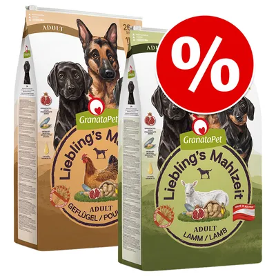 GranataPet Liebling's Mahlzeit Adult Trockenfutter, Sorten Geflügel und Lamm. Getreidefrei, mit Granatapfel, Kartoffeln und Lachsöl. Made in Austria. Rabattzeichen sichtbar. GranataPet Liebling's Mahlzeit Adult Trockenfutter, Sorten Geflügel und Lamm. Getreidefrei, mit Granatapfel, Kartoffeln und Lachsöl. Made in Austria. Rabattzeichen sichtbar.