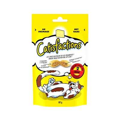 Catisfactions au fromage, friandises pour chats, sachet 60 g. Texte visible : croquantes à l’extérieur, tendres à l’intérieur, moins de 2 kcal par friandise.