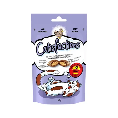 Catisfactions friandises pour chats au canard, 60 g. Texte visible : croquantes à l’extérieur, tendres à l’intérieur, moins de 2 kcal par friandise.