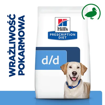 Hill's Prescription Diet d/d, opakowanie karmy z napisem 'wrażliwość pokarmowa' i symbolem kaczki. Widoczny pies na dole opakowania.