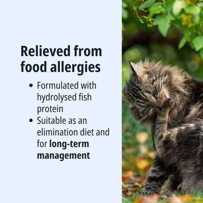 Allevia le allergie alimentari. Formulato con proteine di pesce idrolizzate. Adatto come dieta di eliminazione e per la gestione a lungo termine.