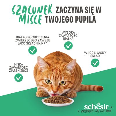 Schesir. Białko pochodzenia zwierzęcego jako składnik nr 1, wysoka zawartość białka, niska zawartość zbóż, w 100% przejrzysty skład.