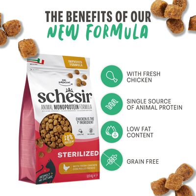 Schesir Animal Monoprotein Formula, sterilizált, friss csirkével, 38% fehérje, alacsony zsírtartalom, gabonamentes, 1,5 kg. Előnyök: friss csirke, állati fehérje, kevés zsír, gabonamentes.