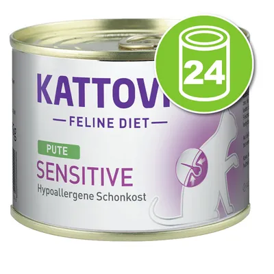 Kattovit Feline Diet Pute Sensitive Hypoallergene Schonkost, lot de 24 boîtes visibles sur l’emballage. Texte en allemand.
