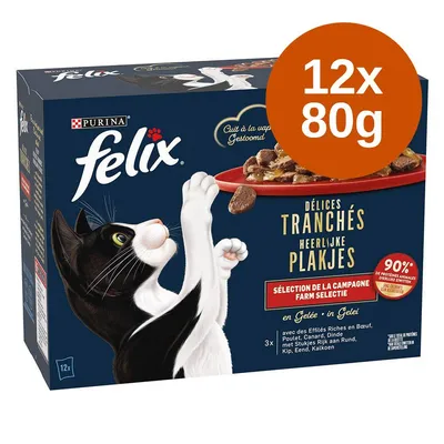 Purina Felix macskaeledel, 12x80g, Délices Tranchés, Sélection de la Campagne, 90% fehérje állati eredetű, marha, csirke, kacsa, pulyka, zselében. Látható szöveg francia és holland nyelven.