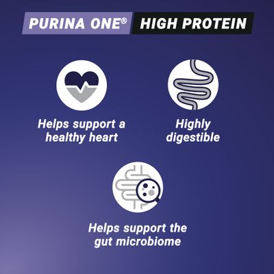 PURINA ONE HIGH PROTEIN. Helps support a healthy heart, highly digestible, helps support the gut microbiome.