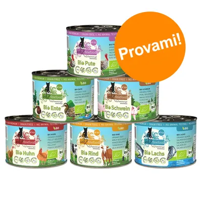 Set di 6 lattine catz finefood Bio: Bio Pute, Bio Ente, Bio Schwein, Bio Huhn, Bio Rind, Bio Lachs. Etichetta arancione con testo 'Provami!'. Set di 6 lattine catz finefood Bio: Bio Pute, Bio Ente, Bio Schwein, Bio Huhn, Bio Rind, Bio Lachs. Etichetta arancione con testo 'Provami!'.