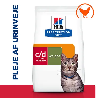 Hill's Prescription Diet c/d stress multicare weight kattefoder. Tekst: Pleje af urinveje. Billede af kat og kyllingesymbol øverst til højre. Hill's Prescription Diet c/d stress multicare weight kattefoder. Tekst: Pleje af urinveje. Billede af kat og kyllingesymbol øverst til højre.