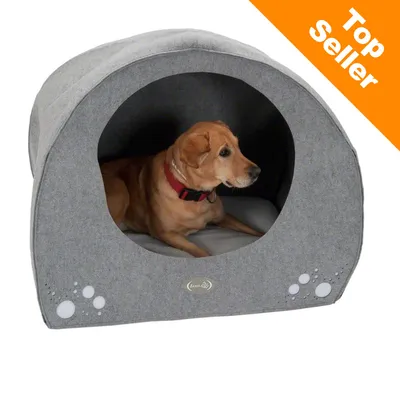 Cane marrone con collare rosso sdraiato in una cuccia grigia a forma di grotta, marchio visibile e scritta Top Seller in alto a destra.