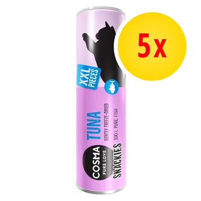 Confezione Cosma Pure Love Snackies Tuna XXL Pieces, 100% pure fish, gently freeze-dried. Immagine con scritta '5x' su sfondo giallo.