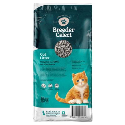Breeder Celect cat litter, upcycled from 99% recycled paper, shown in pellet form. Includes icons for odour control, low dust, and being gentle on paws. Made in the United Kingdom.