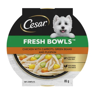 Cesar Fresh Bowls in Gravy 10 x 85g - Chicken with Carrots, Green Beans & Pumpkin Cesar Fresh Bowls in Gravy 10 x 85g - Chicken with Carrots, Green Beans & Pumpkin