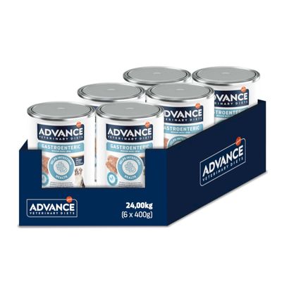 Lot de 6 boîtes Advance Veterinary Diets Gastroenteric, 400 g chacune, mention « Long Intestinal Health » visible sur l’étiquette. Poids total indiqué : 2,4 kg (6 x 400 g).