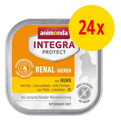 animonda INTEGRA PROTECT RENAL NIEREN mit HUHN, 24x. Low phosphorus, no grain. Veterinary diet. Kanaruoka heikentyneelle munuaistoiminnalle. Kissasiluetti pakkauksessa.