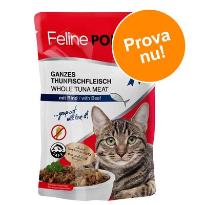 Feline Porta, Ganzes Thunfischfleisch mit Rind. Whole tuna meat with beef. Prova nu! Utan tillsatt socker. Bild på katt och skål med mat.
