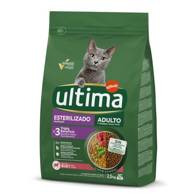 Ultima Sterilizado Adulto Katzenfutter, 1-10 Jahre, mit Rind. Triple Beneficio: Gewichtskontrolle, Verdauungsgesundheit, Harnwegspflege. Ohne Farbstoffe und Konservierungsstoffe, 2,5kg.