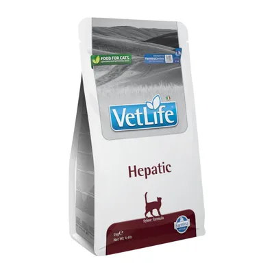VetLife Hepatic Katzenfutter, 2kg Packung. Feline Formula für Lebergesundheit. Farmina Genius QR-Code sichtbar.