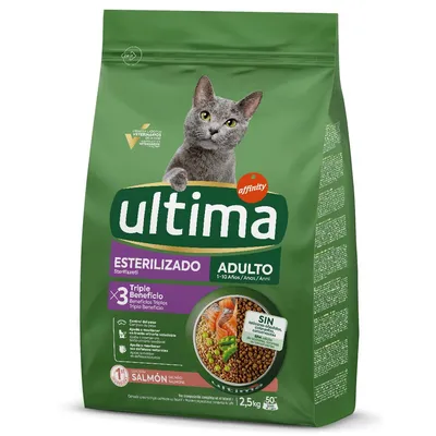 Ultima Sterilizado Adulto Katzenfutter mit Lachs, 2,5kg. Für sterilisierte Katzen von 1-10 Jahren. Ohne Zusatz von Farbstoffen und Konservierungsmitteln. Triple Beneficio: Gewichtskontrolle. Ultima Sterilizado Adulto Katzenfutter mit Lachs, 2,5kg. Für sterilisierte Katzen von 1-10 Jahren. Ohne Zusatz von Farbstoffen und Konservierungsmitteln. Triple Beneficio: Gewichtskontrolle.