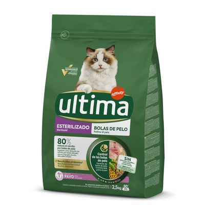 Sac de croquettes pour chat Ultima Affinity, stérilisé, boules de poils, 2,5 kg, dinde. Texte visible : 80 % réduit le vomito par boules de poils, sans colorants ni sucres ajoutés.
