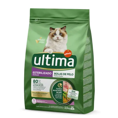 Ultima Sterilizado Katzenfutter, Kontrolle von Haarballen, mit Truthahn, 2,5kg. Reduziert Haarballen um 80%, ohne Zuckerzusatz, getestet von Tierärzten.