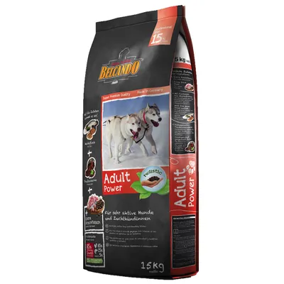 Belcando Adult Power holistic dry dog food, 15 kg bag. Visible text: Super Premium Quality, Made in Germany, Adult Power, holistic, 85% animal protein, 15% plant protein. Image of three huskies.