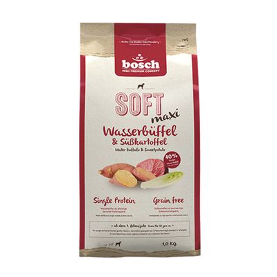 bosch Soft maxi Wasserbüffel & Süßkartoffel, Single Animal Protein, softe Krokette, Rezeptur ohne Getreide, für ausgewachsene, ernährungssensible Hunde großer Rassen ab 25 kg.