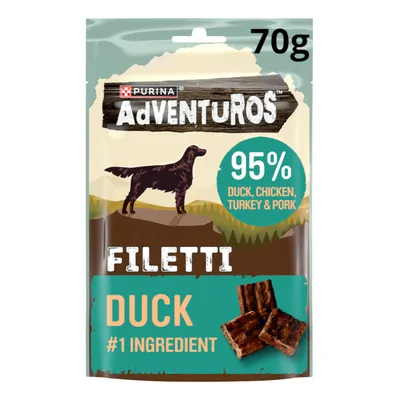Purina Adventuros Filetti Duck, sachet 70 g, 95 % duck, chicken, turkey & pork, DUCK #1 INGREDIENT, morceaux visibles sur l’emballage