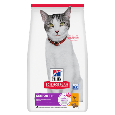Hill's Science Plan Senior 11+ au poulet, favorise une fonction cérébrale saine, 3 avantages essentiels, recommandé par les vétérinaires, pour les chats âgés à partir de 11 ans.