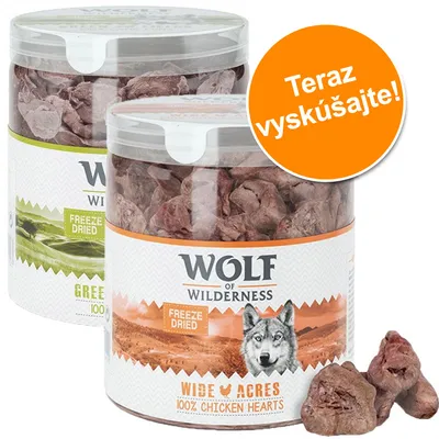 Wolf of Wilderness Freeze Dried, Wide Acres 100% Chicken Hearts a Green Fields. Oranžový kruh s textom: Teraz vyskúšajte!